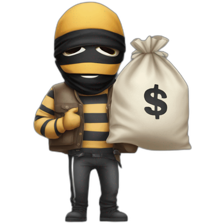 a bandit in striped clothes and a black mask over his eyes, carries a bag of money behind his back emoji