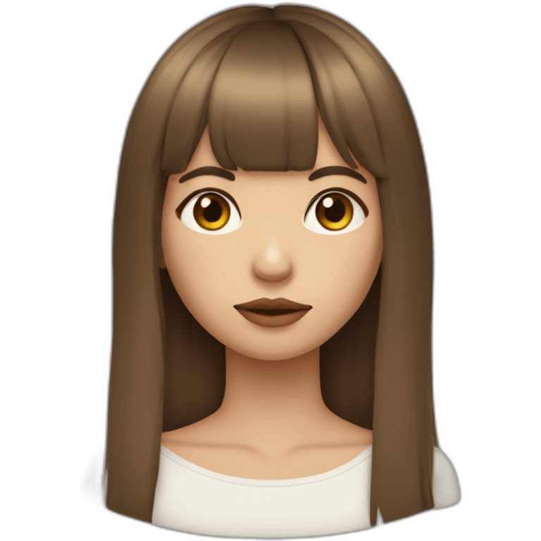 long brown hair skinny girl with curtain bangs, thin face and makeup from head to chest emoji