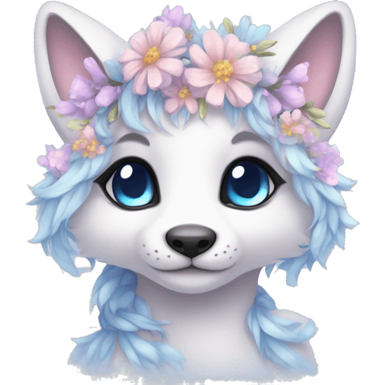 Anthro Cute Cool Pastel Kawaii gorgeous sparkly ethereal fantasy animal creature with blue eyes furry sona with flowers and ribbons beautiful aesthetic emoji