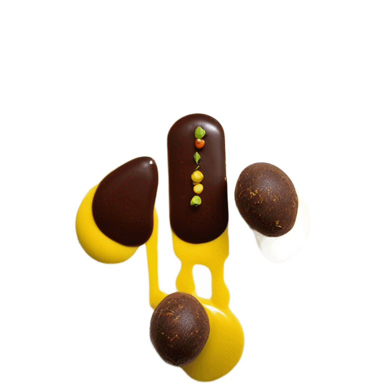 1 Chocolate quenelle and 1 vanilla quenelle on a fine dining glass plate with 3 small drops of yellow sauce as decoration emoji