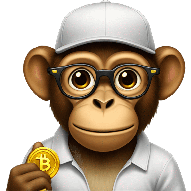 brown monkey in a cap with glasses holding a bitcoin emoji