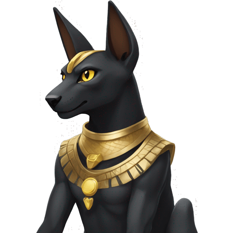 Black Egyptian Anubis-Lucario-Litten-Cat. Golden Anubis-Rings and yellow markings. Full body emoji