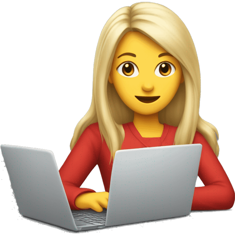 Young white woman in red, long blonde hair with bang, writing on laptop emoji