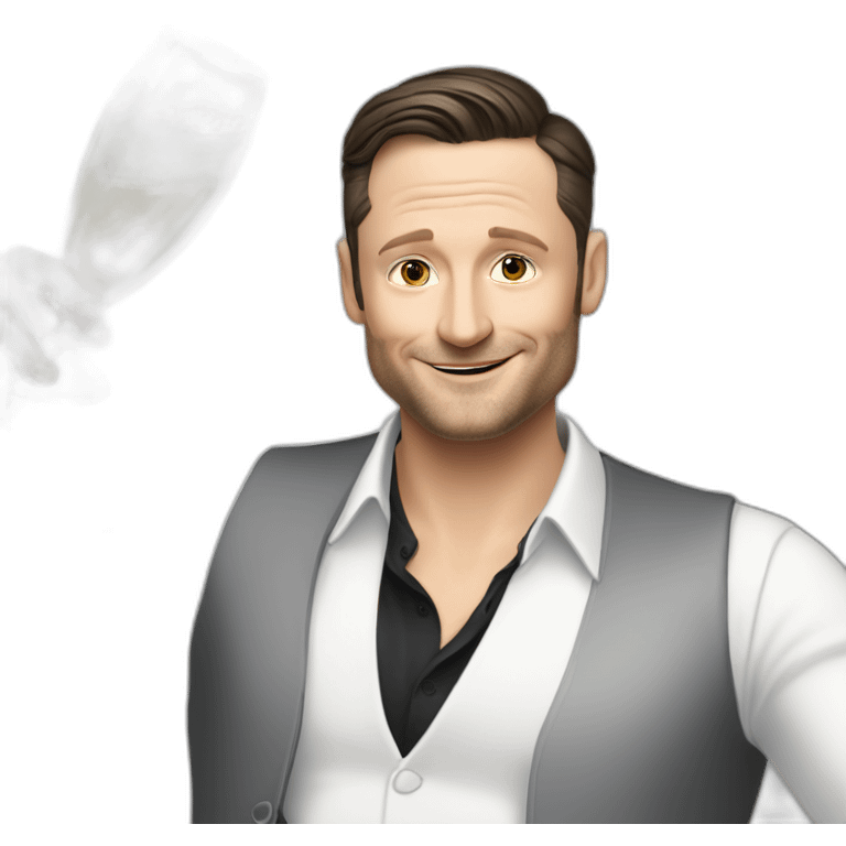 tim robinson dark black slicked back hair white shirt with a light grey vest spraying champagne emoji