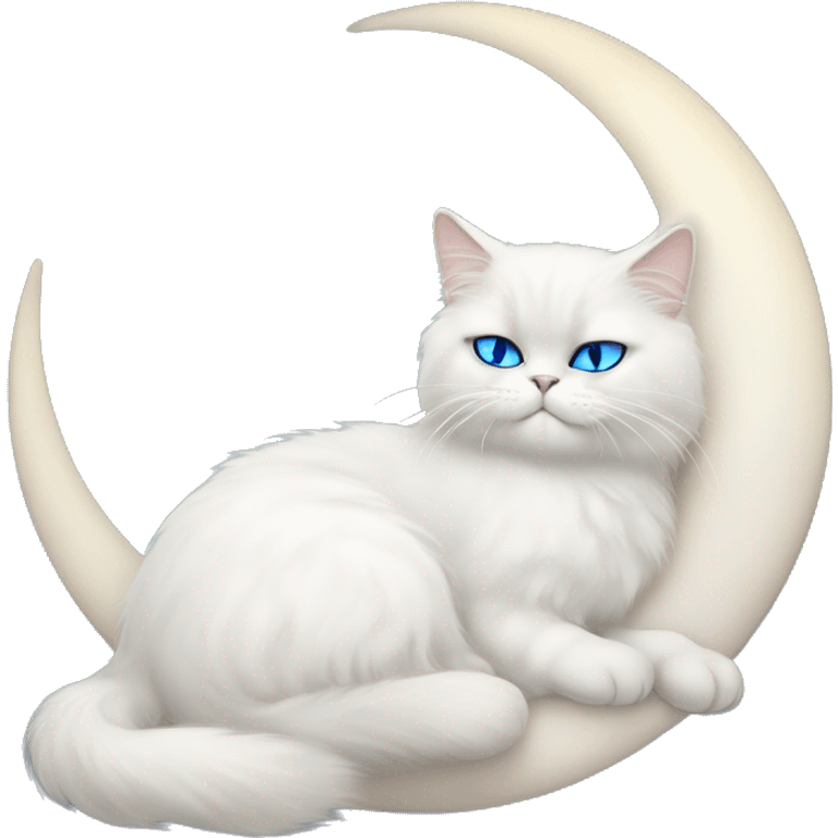 White Persian cat with blue eyes sleeping on crescent moon  emoji