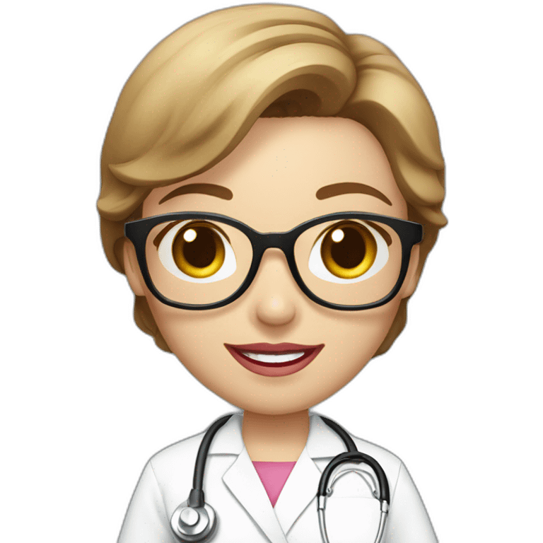 A single smart female nurse with white scrub suit with golden round glasses with short brown hair with beautiful smile and pinky lip emoji