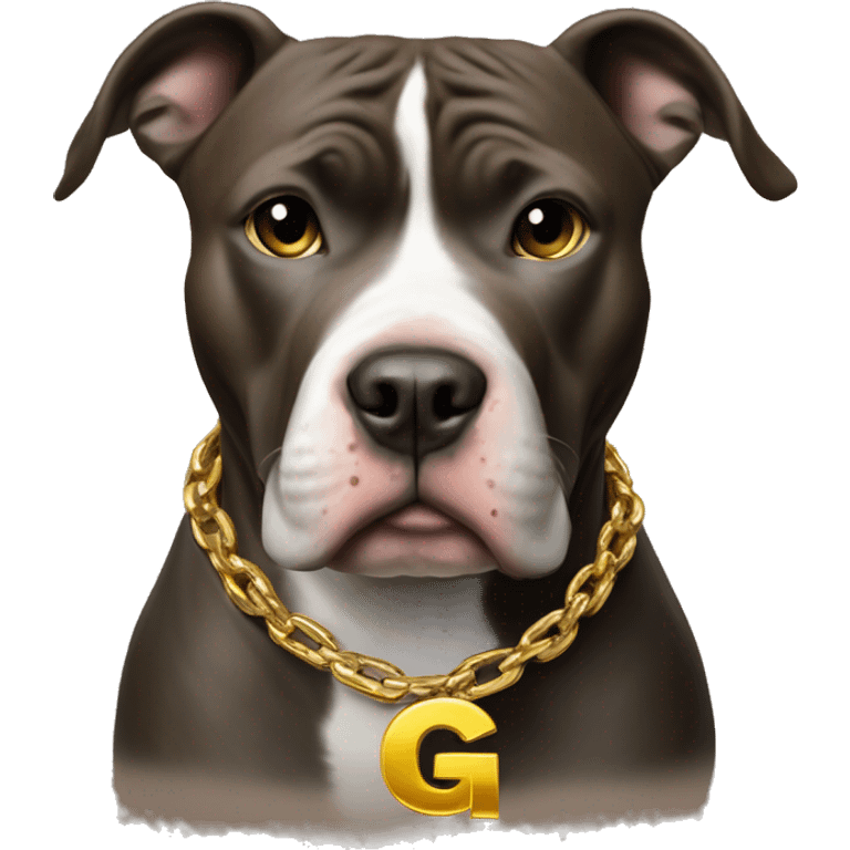 A dog pitbull with a big gold chain on that says G-UNIT emoji