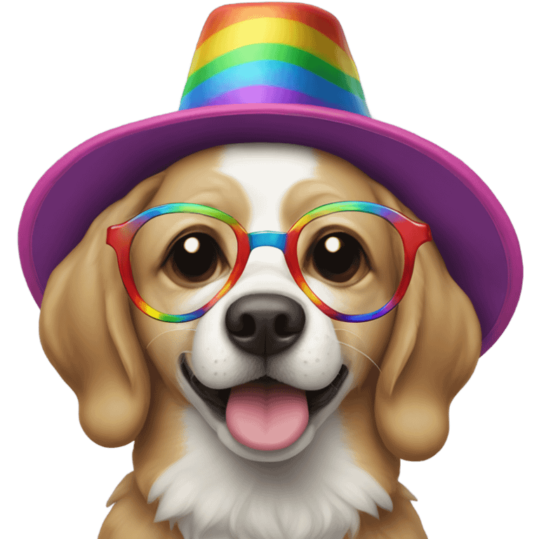 The dog is crying, wearing funny glasses, with a clown nose, and a rainbow-colored hat emoji