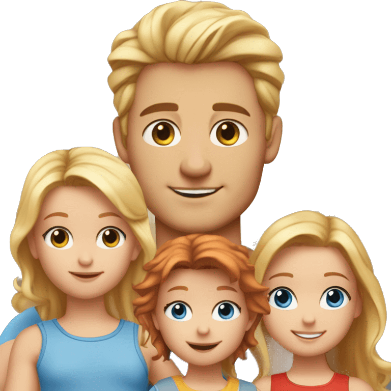 Father blond hair and hazel eyes, 2 twin daughters blonde hair and hazel eyes, 15 year old son red hair, blue eyes and baby boy red hair and blue eyes emoji