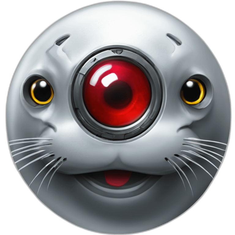 cyborg seal with only one red mechanical eye prosthesis with camera lens, cyberpunk, grimdark, sci-fi emoji