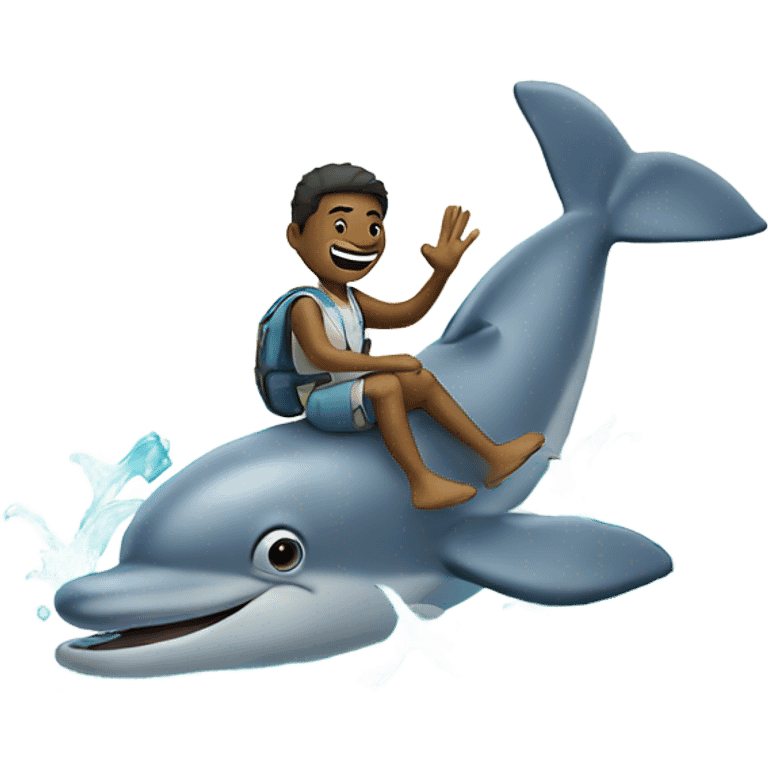 Dude riding dolphin in the ocean holding up a peace sign  emoji