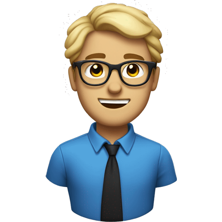 a nerd, with dirty blonde hair, blue and black glasses, with a devious smirk on his face emoji