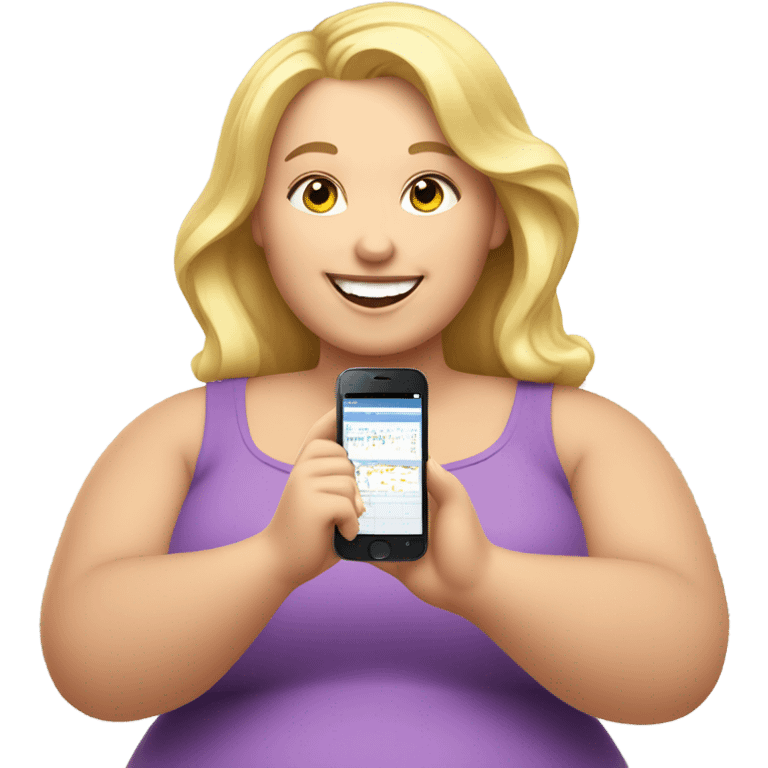 overweight curl blondie woman happy with a smartphone in hands showing charts emoji