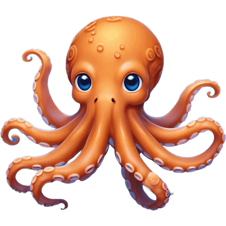 Cinematic Cute Octopus Portrait Emoji, Head tilted playfully and inquisitively, featuring a rounded, light orange body embellished with playful blue rings, eight adorably curling arms, and big, twinkling eyes full of wonder, Simplified yet irresistibly adorable features, highly detailed, glowing with a warm, inviting underwater glow, high shine, affectionate and lively, stylized with a touch of whimsical cartoon charm, soft glowing outline, capturing the essence of a mischievous yet loving octopus that seems as if it could bob out of the screen into your arms! emoji