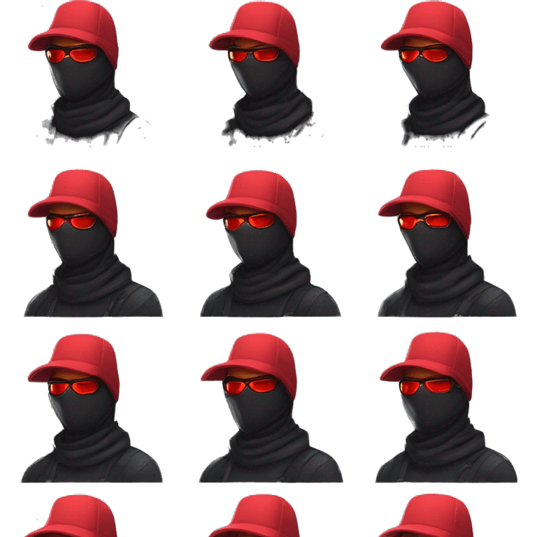 developer behind his laptop with this style : crysis Cyberpunk Valorant neon glowing bright red character dark red red balaclava assassin themed character red balaclava sunglasses red cowboy hat emoji