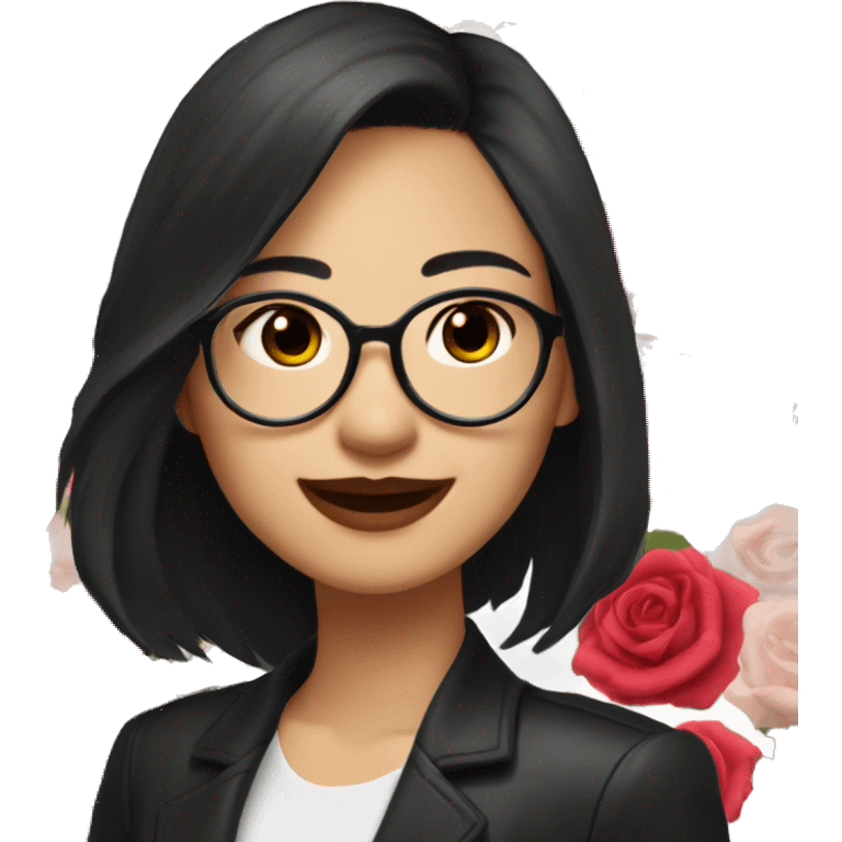 Asian girl, smiling with teeth, fair skin, black long hair, black eyes, black glasses with gold frames, red lipstick, wearing a white lace tank top and a black office jacket on top, with pink and red roses around her. emoji