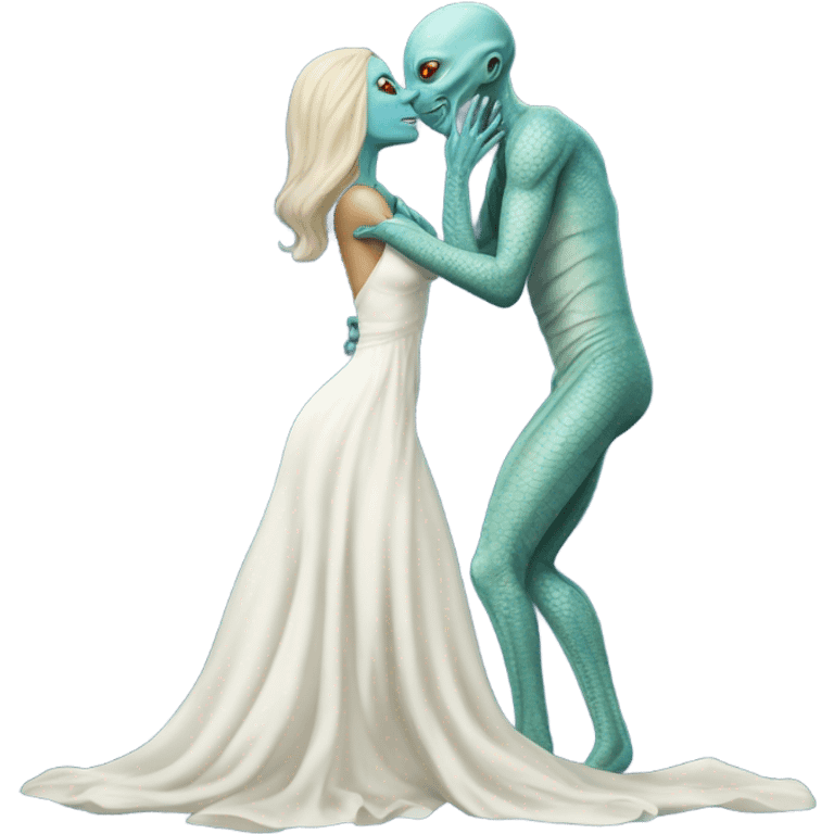 Alien reptilian woman in white dress hugs and kissing a normal "white male human man" in blue dress emoji