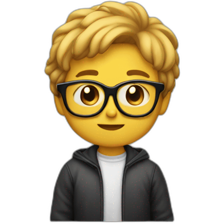 un niño con gafas con el pelo negro comiendo emoji