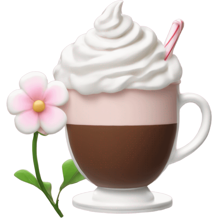 Hot chocolate with pale pink flower and whipped cream emoji