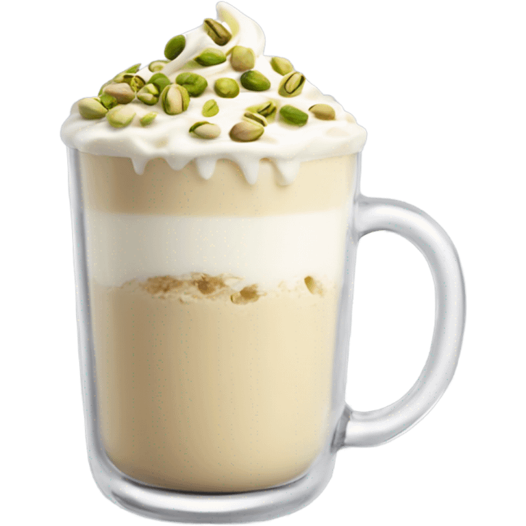 White chocolate latte with pistachios in a glass aesthetic with cream on top  emoji