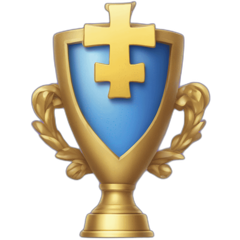 royal big empty Christian trophy for the winner with a cross on royal background  with number 1 emoji