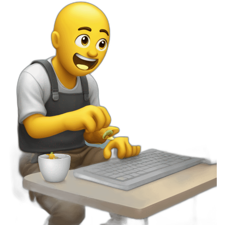 developer eating with one hand and writing code on the keyboard with the other with sweat flying off his head emoji