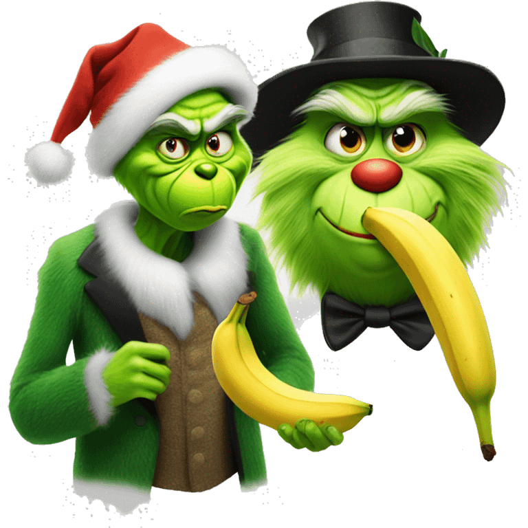 Grinch eating a banana with a top hat and a cat emoji