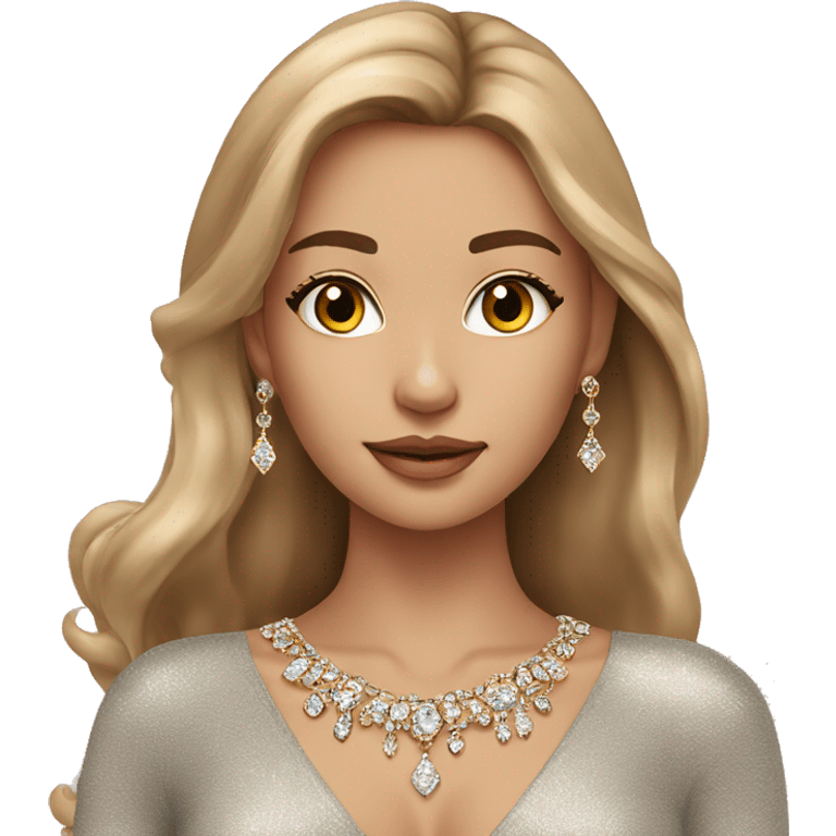 Beautiful model with light brown hair and jewellery on and sparkly top  emoji