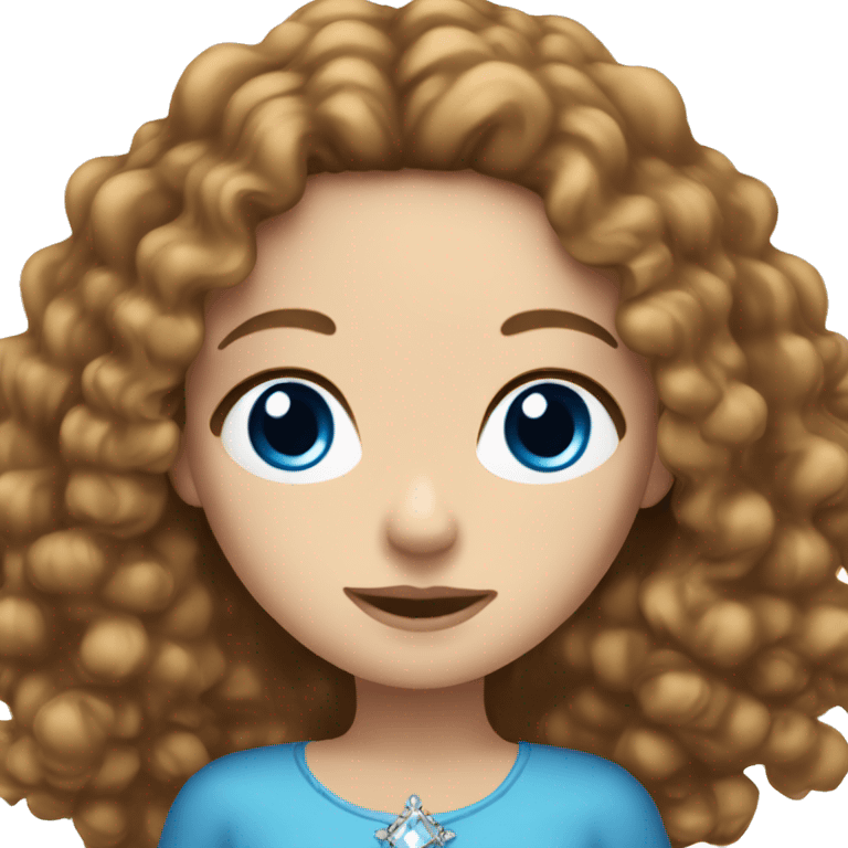 White girl with blue eyes and long brown curly hair wearing a crown emoji