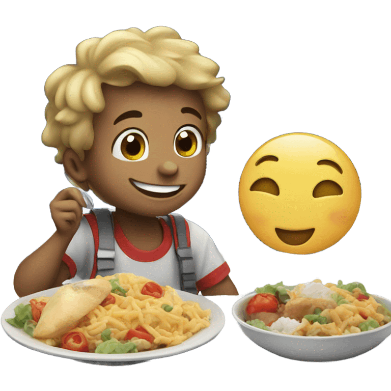 smiling boy enjoying meal on moon emoji