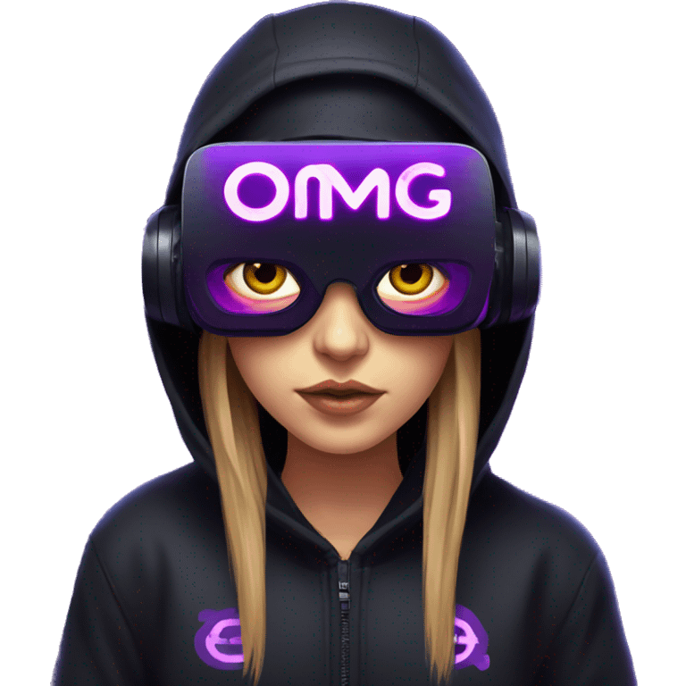 Russian girl wearing black hoody with violet letters "OMG", in vr headset. Cyberpunk style. Violet neon. emoji