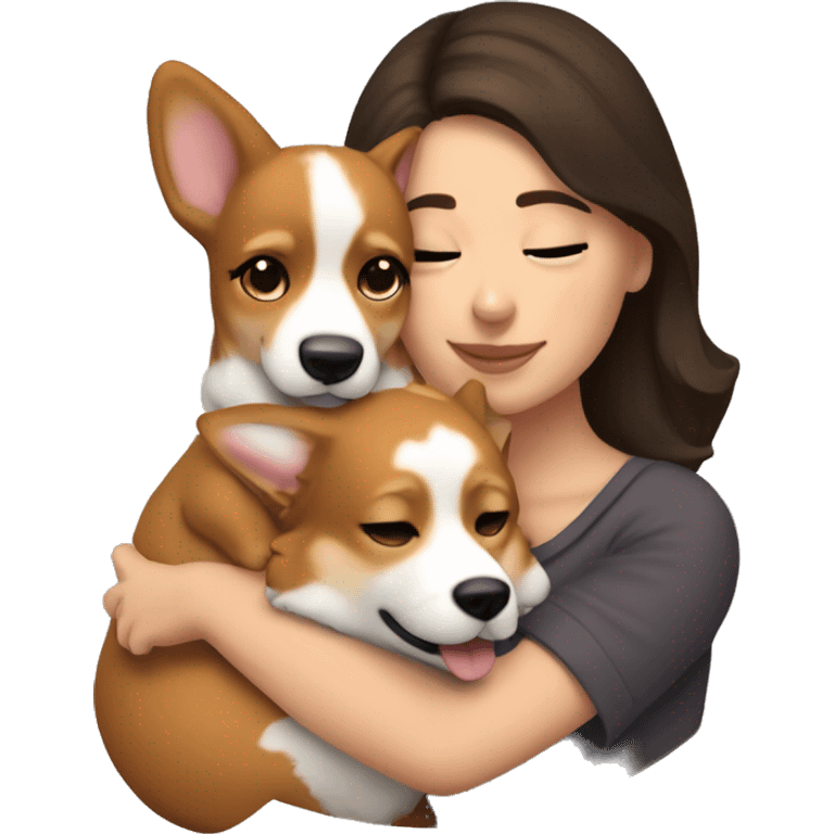 Brunette girl cuddling corgi emoji