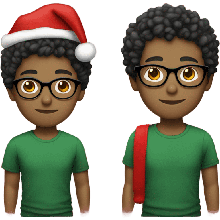 Unisex person ’light skin’ ’short curly dark green hair’ in a ’red Santa hat’ and black tshirt and round glasses  emoji