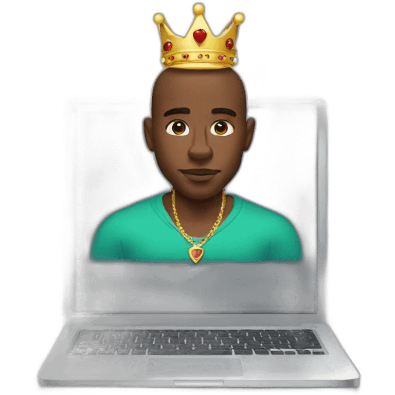 black man wearing crown behind laptop with pitbull on lap emoji