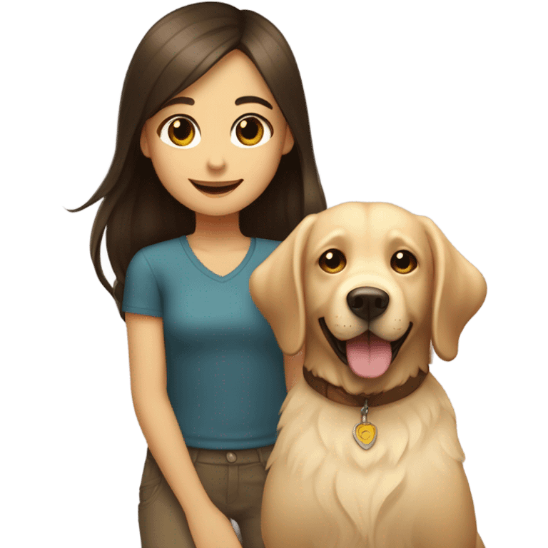 Smiling girl with long dark brown hair next to a small shaggy golden Labrador dog with brown eyes emoji