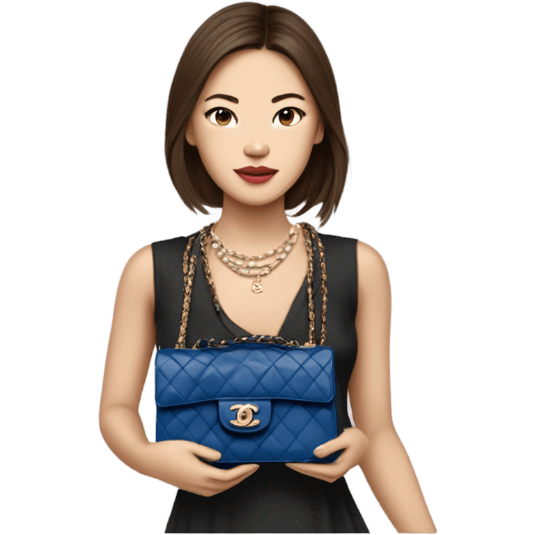 Realistic brown hair blue eyes Chanel Asian Girl with Birkin bag and Chanel necklace emoji