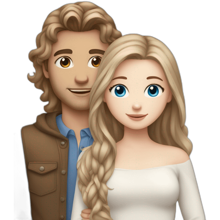 white skin girl with blue eyes and long hair hugging white skin boyfriend photographer with brown eyes they are in love emoji