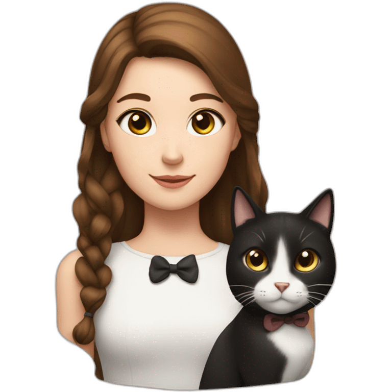 a girl with brown hair and a bow in her hair and a black and white cat next to her emoji