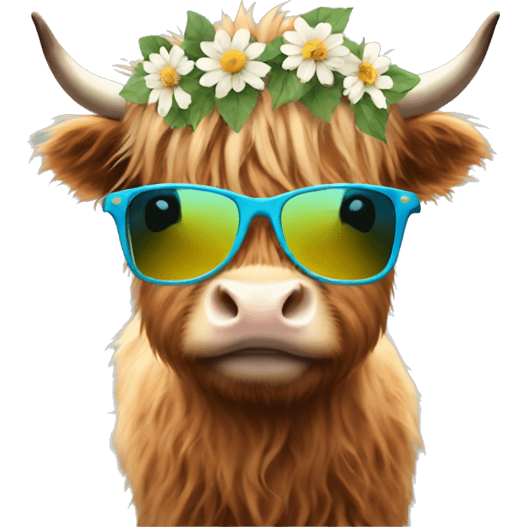 Baby highland cow with flower crown and sunglasses  emoji