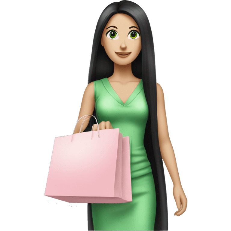 pretty white woman with very long black hair and green eyes and light pink outfit holding a ton of shopping bags emoji