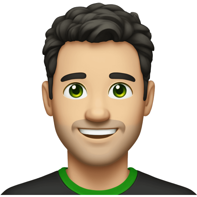 Handsome man with dark hair, gradient short hair on the side, green eyes. Big smile and thin face. Black t-shirt and two earlobes piercing  emoji