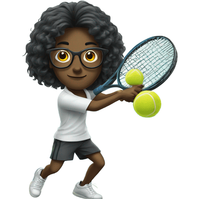 Long dark hair hitting tennis ball has glasses  emoji