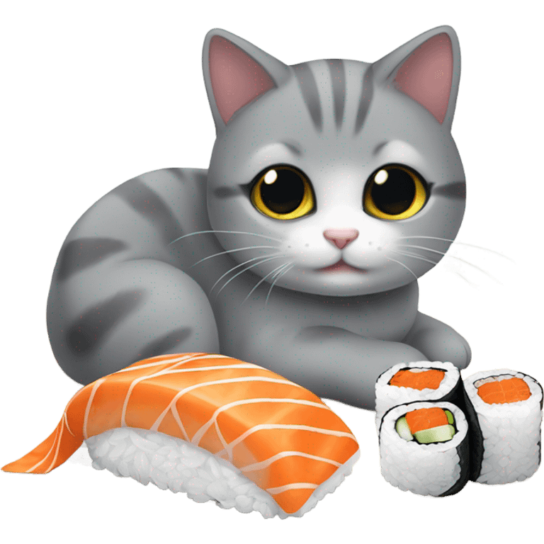 little grey cat eating california sushi roll emoji