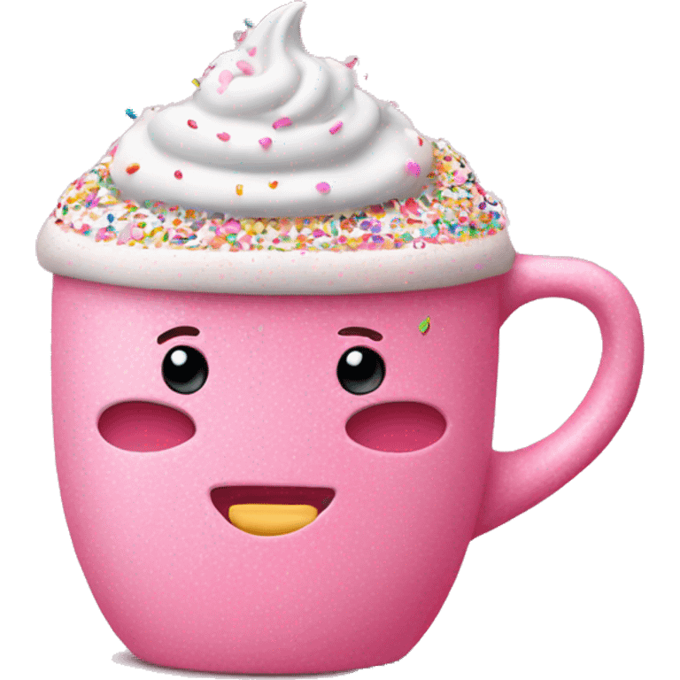 pink coffee mug with beautiful foam and sprinkles emoji