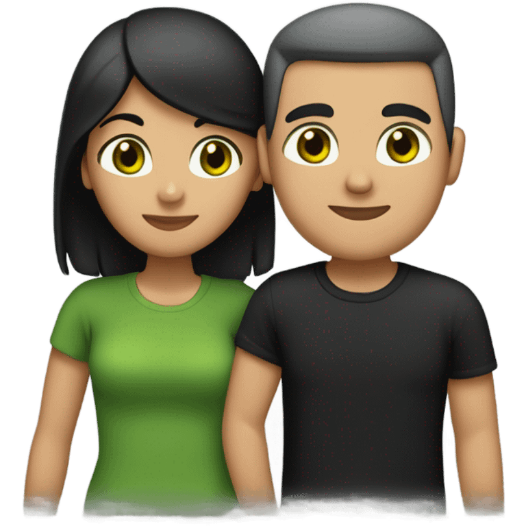 A couple hugging, girl has long straight back hair green eyes nice eyebrows medium tan black tshirt, guy has a buzz cut brown hair green eyes medium tan a gray tshirt  emoji