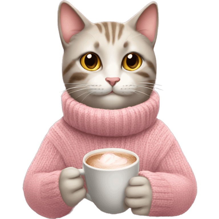 Cat wearing a soft pink sweater drinking a hot chocolate emoji