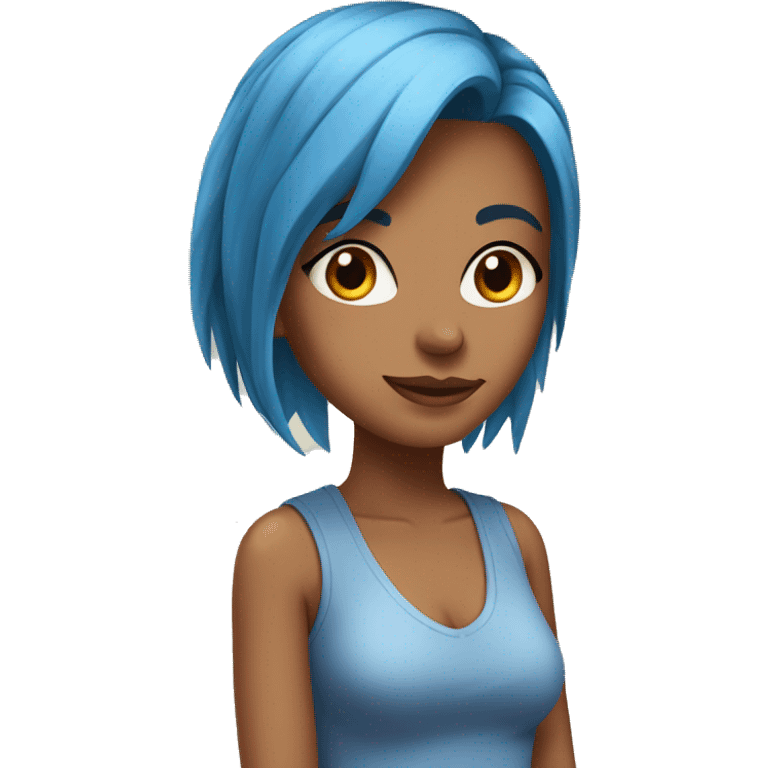 a girl with tan skin, straight blue hair, brown eyes, standing,very beautiful,very hot emoji