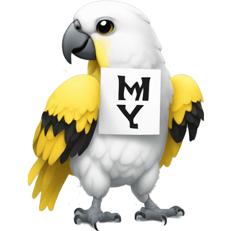 white and yellow parrot  holding a sign with the black inscription i love you emoji