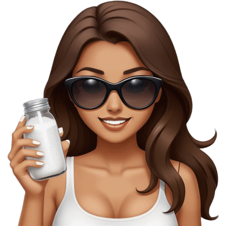 sassy woman with long brown hair, tan skin, and dark sunglasses holding a salt shaker filled with white table salt. She is shaking and sprinkling the salt. She is smirking.  emoji