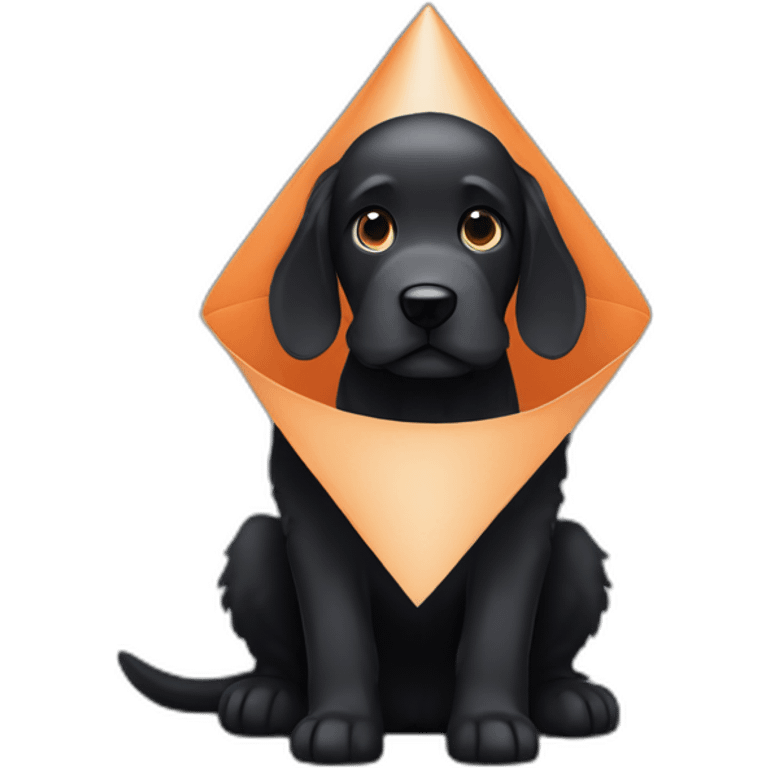 Black doodle dog wearing a cone of shame emoji